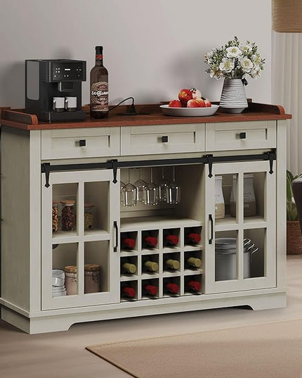 DWVO Farmhouse Coffee Bar Cabinet, 53” Sideboard Buffet Cabinet with Storage, 3 Drawers & Sliding Barn Door, Storage Cabinet with Glass Door for Kitchen & Living Room, Antique White - LeafyLoom