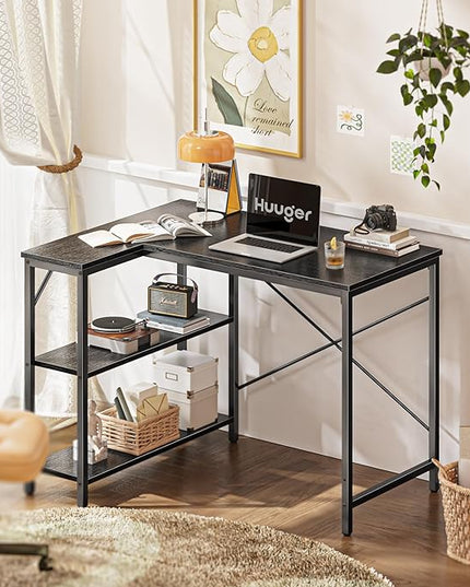 L Shaped Desk, 39 Inches Computer Desk with Reversible Storage Shelves, Gaming Desk, Corner Desk Home Office Desks, Writing Desk Study Desk with Metal Frame, Black - LeafyLoom