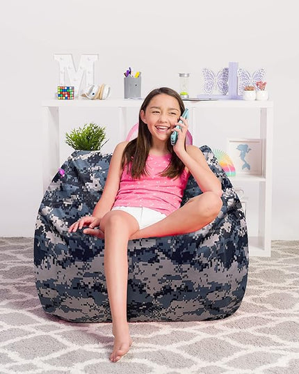 Posh Creations Structured Comfy Bean Bag Chair for Gaming, Reading and Watching TV, Coronado Chair, Nylon - Camo Digital - LeafyLoom