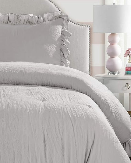 Lush Decor Reyna Ruffle Comforter Set - 2 Piece Cozy Ruffled Bedding Set - Timeless Elegance and Comfort for Dorm Room - Twin XL, Light Gray - LeafyLoom