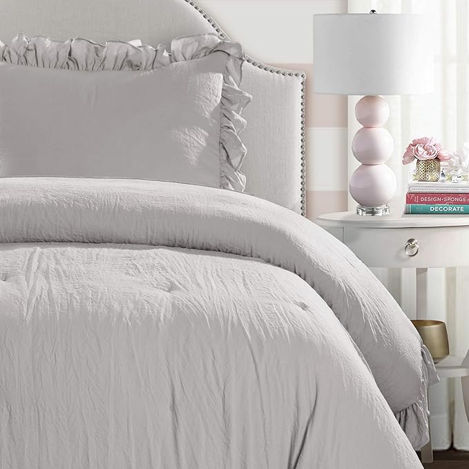 Lush Decor Reyna Ruffle Comforter Set - 2 Piece Cozy Ruffled Bedding Set - Timeless Elegance and Comfort for Dorm Room - Twin XL, Light Gray - LeafyLoom