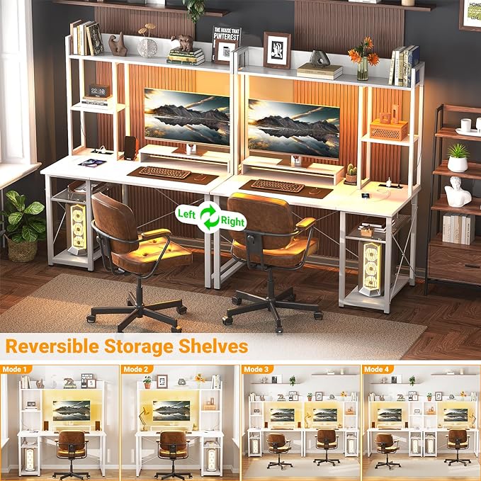 Cyclysio Gaming Desk with Hutch, 39'' Computer Desk with LED Lights & Power Outlets, Home Office Desk with Reversible 5 Tiers Storage Shelves & Monitor Stand, Small Gaming Table for Small Space, White - LeafyLoom
