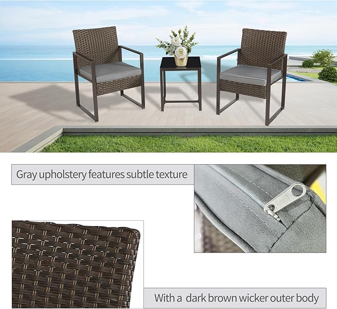 3 Pieces Patio Furniture Set Outdoor Wicker Bistro set Rattan Chair Conversation Sets with Coffee Table for Porch, Balcony,Garden,Backyard and Removable Cushions Grey - LeafyLoom