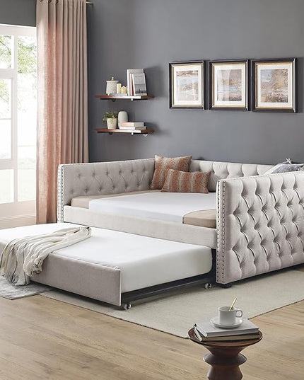 Linen Upholstered Full Size Daybed with Twin Trundle, Wooden Sofa Bed Frame w/Button Tufted and Copper Nail on Square Arms, for Bedroom, Guest Room, No Spring Box Need, Beige - LeafyLoom