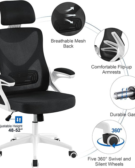Yaheetech Ergonomic Mesh Office Chair, High Back Desk Chair with with flip-up Armrests, Adjustable Padded Headrest Computer Chair with Lumbar Support for Home Oiffce Game Room, White/Black - LeafyLoom
