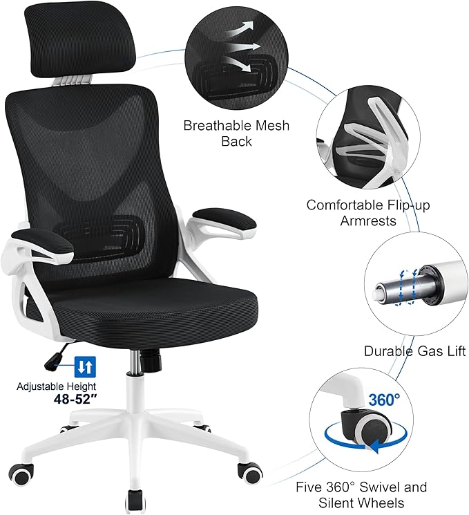 Yaheetech Ergonomic Mesh Office Chair, High Back Desk Chair with with flip-up Armrests, Adjustable Padded Headrest Computer Chair with Lumbar Support for Home Oiffce Game Room, White/Black - LeafyLoom
