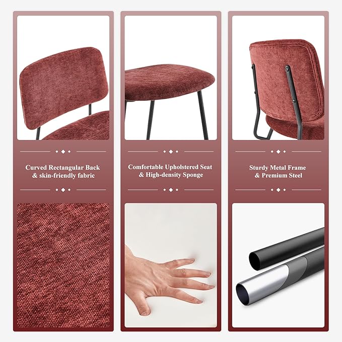 COLAMY Modern Upholstered Fabric Dining Room Accent Diner Stylish Kitchen Chairs with Solid Metal Legs, set of 2, Red - LeafyLoom