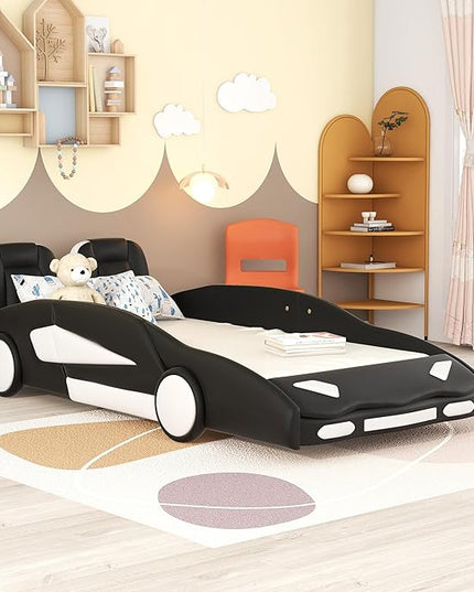 Twin Size Race Car-Shaped Bed Frame for Kids, Wooden Platform Bed with Guardrail and Upholstered Headboard, Wheels and Support Slats, for Boys Girls Child's Bedroom, No Spring Need (Black) - LeafyLoom