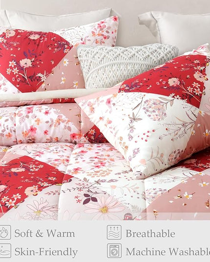 Whale Flotilla Queen Full Comforter Set, Soft Reversible Red Bedding Comforter Set with Boho Pattern, 1 Micoriber Patchwork Comforter and 2 Pillow Shams, 3 Pieces - LeafyLoom