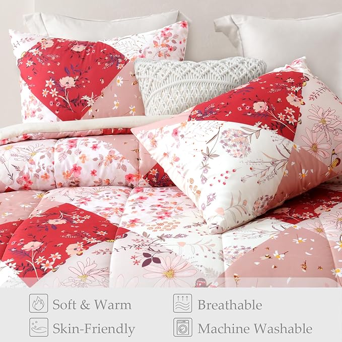 Whale Flotilla King Comforter Set, Soft Reversible Red Bedding Comforter Set with Boho Pattern, 1 Micoriber Patchwork Comforter and 2 Pillow Shams, 3 Pieces - LeafyLoom
