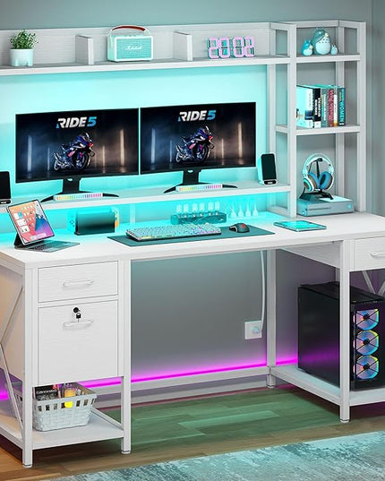 YITAHOME Computer Desk with Drawers & Power Outlets, File Drawers with Lock, 59" Home Office Desk with Storage Shelves & Monitor Stand, Gaming Desk with LED Lights & Hutch, White - LeafyLoom