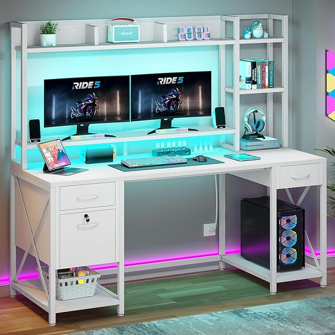 YITAHOME Computer Desk with Drawers & Power Outlets, File Drawers with Lock, 59" Home Office Desk with Storage Shelves & Monitor Stand, Gaming Desk with LED Lights & Hutch, White - LeafyLoom