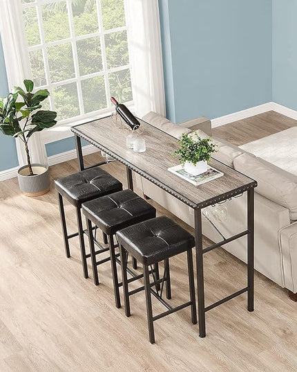 O&K FURNITURE 4 Piece Long Bar Table and Chairs Set, Counter Height Table with 3 Cushion Stools, Behind Couch Bar Table, Industrial Dining Table Sets for Breakfast Nook Living Room Small Space - LeafyLoom