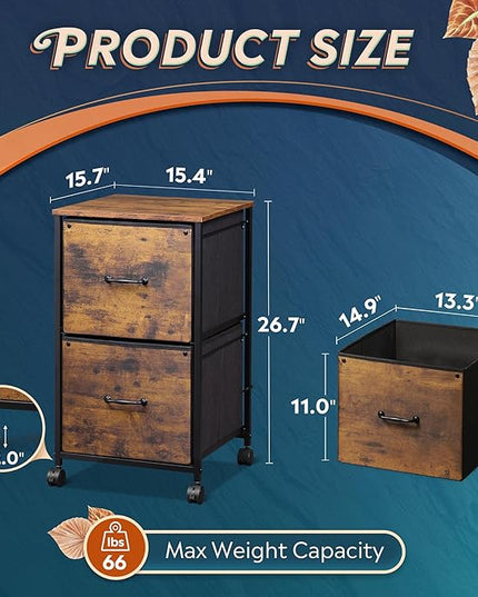 DEVAISE 2 Drawer Mobile File Cabinet, Rolling Printer Stand, Fabric Vertical Filing Cabinet fits A4 or Letter Size for Home Office, Rustic Brown Wood Grain Print - LeafyLoom
