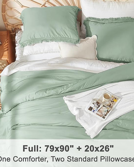 Litanika Sage Green Comforter Full Size, Boho Tassel Comforter Aesthetic 3 Pieces, Lightweight Fringe Microfiber Bedding Set for All Season(1 Comforter 79x90 inch, 2 Pillowcases) - LeafyLoom