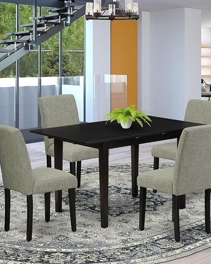 East West Furniture Norfolk 5 Piece Set includes a Rectangle Dining Room Table with Butterfly Leaf and 4 Shitake Linen Fabric Upholstered Parson Chairs, 32x54 Inch, NOAB5-BLK-06 - LeafyLoom