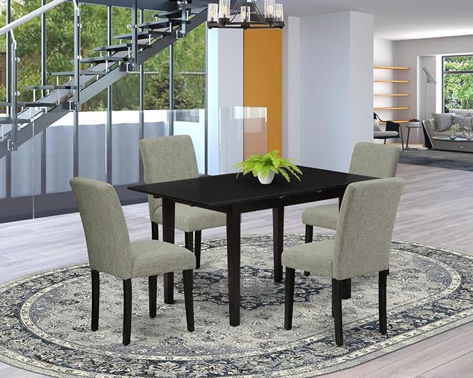 East West Furniture Norfolk 5 Piece Set includes a Rectangle Dining Room Table with Butterfly Leaf and 4 Shitake Linen Fabric Upholstered Parson Chairs, 32x54 Inch, NOAB5-BLK-06 - LeafyLoom