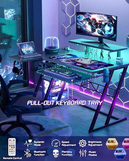 Small Gaming Desk with Shelves and Outlets, L Shaped Gaming Desk with LED Lights, Reversible L Shaped Computer Desk for Gamer, Carbon Fiber Black, 39"-11 - LeafyLoom