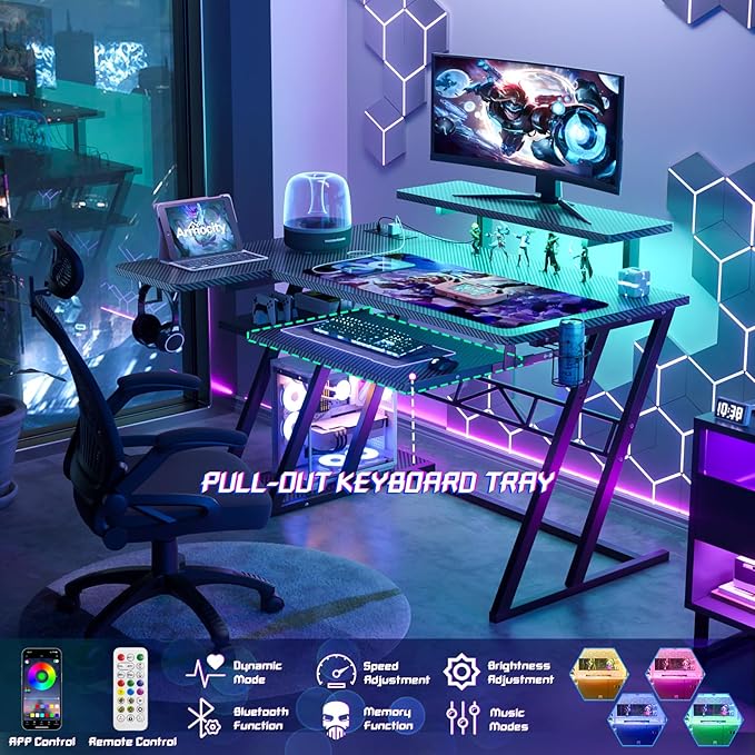 Small Gaming Desk with Shelves and Outlets, L Shaped Gaming Desk with LED Lights, Reversible L Shaped Computer Desk for Gamer, Carbon Fiber Black, 39"-11 - LeafyLoom