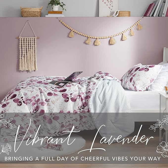 Codi Floral Twin Comforter Set for Teen Girls, Spring Lavender Bedding Sets with Soft Seersucker 2pcs - 1 Flower Comforters and 1 Pillows Case, Lilac Purple - LeafyLoom
