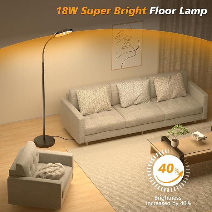 LED Floor Lamp, 18W Bright Floor Lamps for Living Room, Stepless Adjustable Colors & Brightness Standing Lamp with Timer, Remote & Touch Control, Eye Caring Reading Lights for Bedroom,Office - LeafyLoom