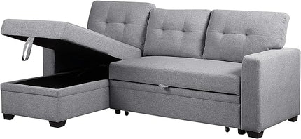 L Shaped Pull Out Sectional Sofa with Storage Chaise, 82 Inch Linen Upholstered Reversible Couch Sleeper Bed, for Living Room, Apartment and Office, Light Gray, 82 - LeafyLoom