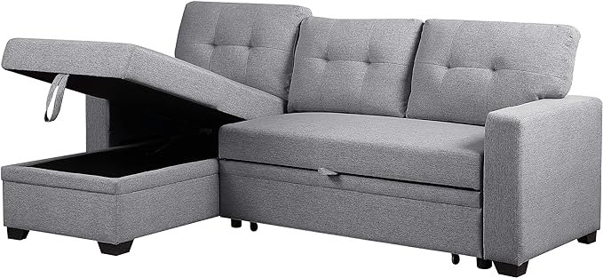 L Shaped Pull Out Sectional Sofa with Storage Chaise, 82 Inch Linen Upholstered Reversible Couch Sleeper Bed, for Living Room, Apartment and Office, Light Gray, 82 - LeafyLoom
