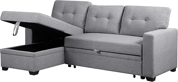 L Shaped Convertible Sofa, 82 Inch Sectional Couch Chaise, Linen Reversible Upholstered Pull Out Bed with Storage Space for Living Room, Apartment and Office, 82inch, Light Gray-2 - LeafyLoom