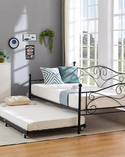 VECELO Daybed Frame Twin Size，Metal Steel Slat Support/Strong Legs with Headboard for Bedroom Living/Guest Room, Easy Assembly, Black - LeafyLoom