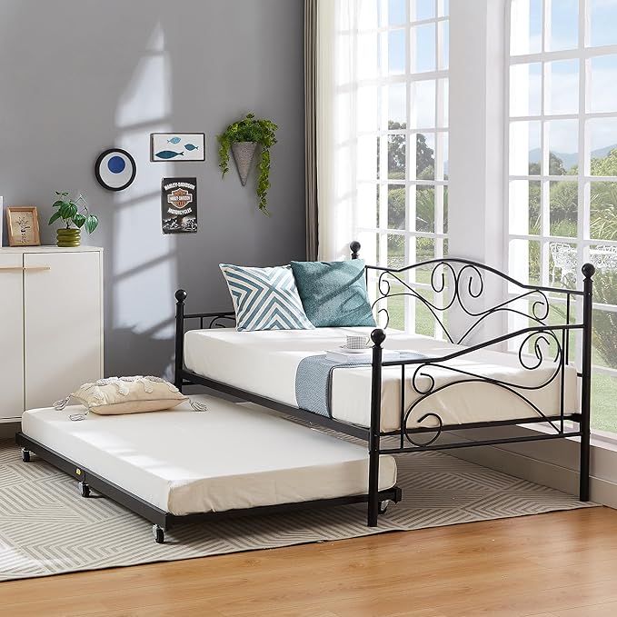 VECELO Daybed Frame Twin Size，Metal Steel Slat Support/Strong Legs with Headboard for Bedroom Living/Guest Room, Easy Assembly, Black - LeafyLoom