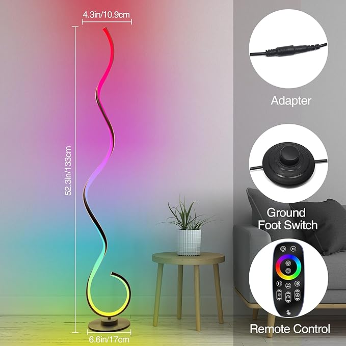 RGB Spiral Floor Lamp, Dimmable LED Floor Lamp with RGBW, Ultra Bright, Modern Standing Tall Lamp with Remote Reading Floor Lamp for Living Room Bedroom Office - LeafyLoom