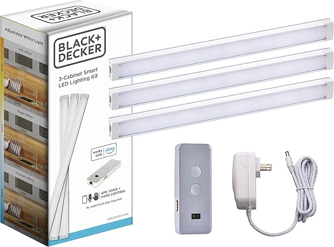 BLACK+DECKER Works with Alexa Smart Under Cabinet Lighting Kit, Adjustable LEDs, (3) 9" Bars White BLACKDECKER