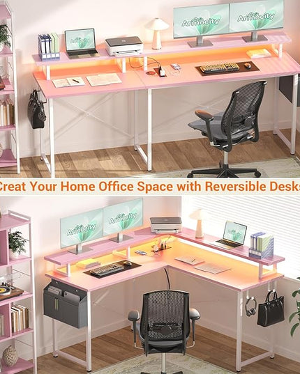 armocity L Shaped Computer Desk with Power Outlets, Gaming Desk L Shaped with LED Lights, Corner Desk with Storage Shelves, Work Study Desk for Bedroom, Home Office Small Spaces, 47'', Pink - LeafyLoom