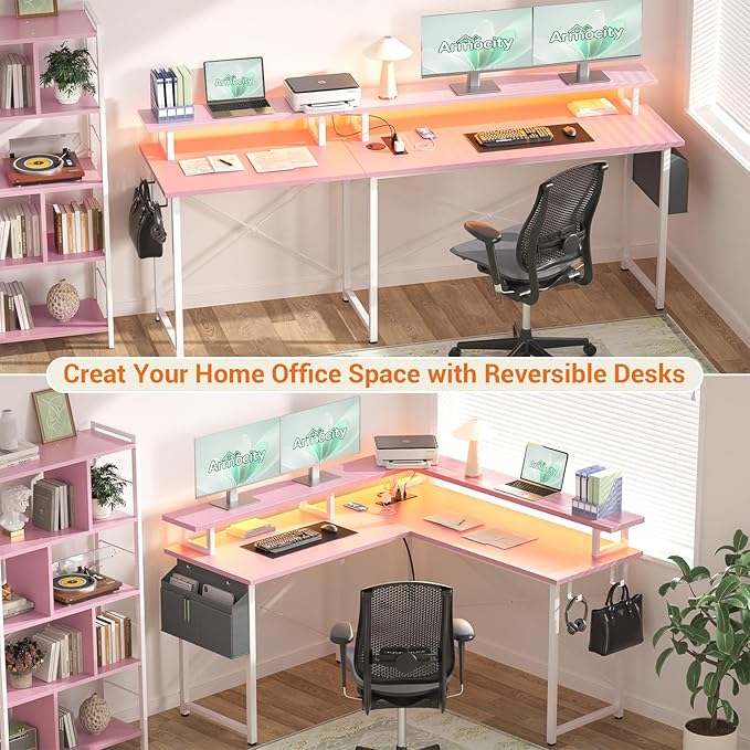 armocity L Shaped Computer Desk with Power Outlets, Gaming Desk L Shaped with LED Lights, Corner Desk with Storage Shelves, Work Study Desk for Bedroom, Home Office Small Spaces, 47'', Pink - LeafyLoom