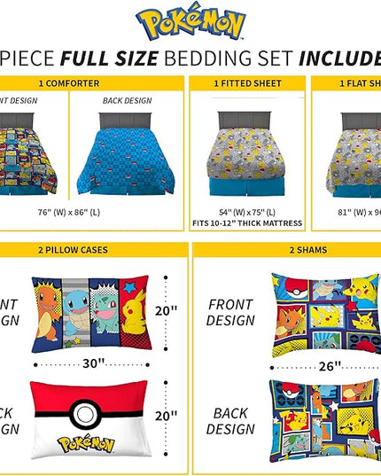Franco Kids Bedding Super Soft Comforter and Sheet Set with Sham, 7 Piece Full Size, Pokemon - LeafyLoom