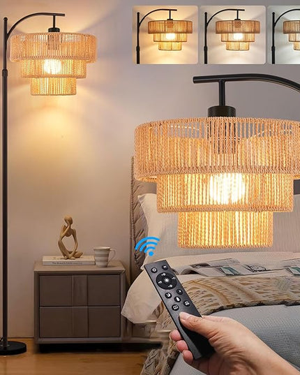 Arc Floor Lamp for Living Room with 3 Color Temperatures, Farmhouse Floor Lamps with Remote & Dimmable Bulb, Boho Standing Lamp with Rattan & 3-Tier Shades, Adjustable Tall Lamp for Bedroom,Corner - LeafyLoom