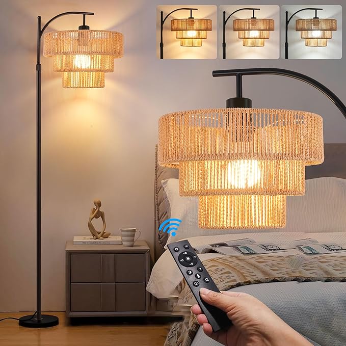 Arc Floor Lamp for Living Room with 3 Color Temperatures, Farmhouse Floor Lamps with Remote & Dimmable Bulb, Boho Standing Lamp with Rattan & 3-Tier Shades, Adjustable Tall Lamp for Bedroom,Corner - LeafyLoom