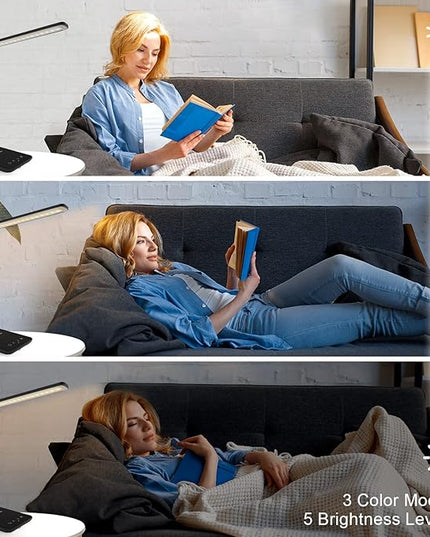 Desk Lamp with Wireless Charger, USB Charging Port, Dimmable Office Desk Light with Clock, Alarm, Date, Temperature, Foldable Lamp for Table Bedroom Bedside Office (Black) - LeafyLoom
