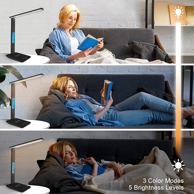 Desk Lamp with Wireless Charger, USB Charging Port, Dimmable Office Desk Light with Clock, Alarm, Date, Temperature, Foldable Lamp for Table Bedroom Bedside Office (Black) - LeafyLoom