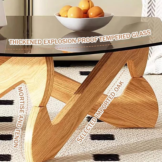 Triangle Coffee Table Glass Coffee Table for Living Room Clear Glass Coffee Table with Solid Wood Base Mid Century Modern Coffee Table for Small Spaces (Wood-Gray, 35.8in) - LeafyLoom