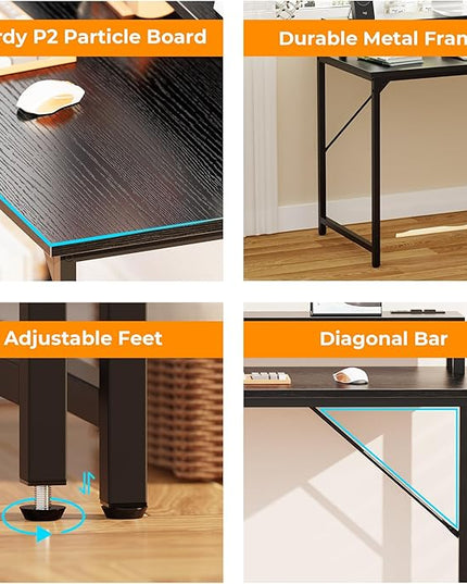 SUPERJARE 55 inch Computer Desk with LED Lights & Power Outlets, Gaming Desk with Monitor Shelf, Small Office Desk for Home & Office, Black - LeafyLoom