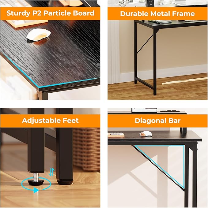 SUPERJARE 55 inch Computer Desk with LED Lights & Power Outlets, Gaming Desk with Monitor Shelf, Small Office Desk for Home & Office, Black - LeafyLoom