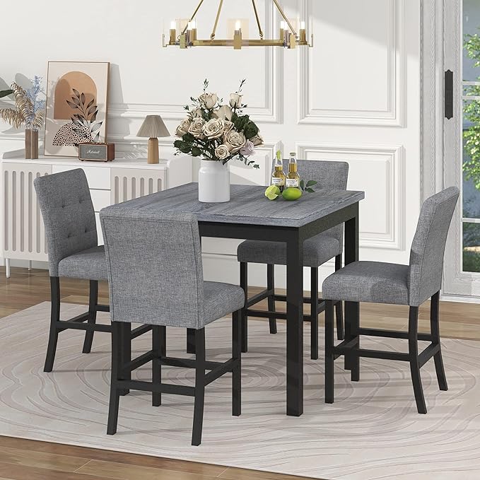 NicBex Dining Room Table Set Corner Dining Table Set 5-Piece Counter Height Dining Set Wood Square Dining Room Table with 4 Upholstered High-Back Chairs for Small Space, Apartment, Black - LeafyLoom
