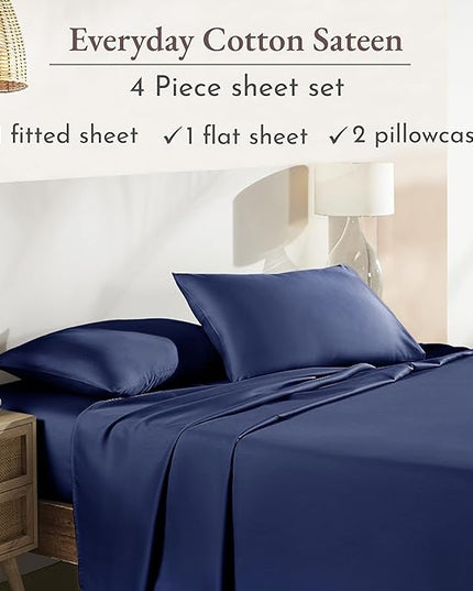 California Design Den Soft 100% Cotton Bedsheets Queen Size Bed, 4 Piece Queen Sheet Set with Sateen Weave, Cooling Sheets - Navy Blue - LeafyLoom