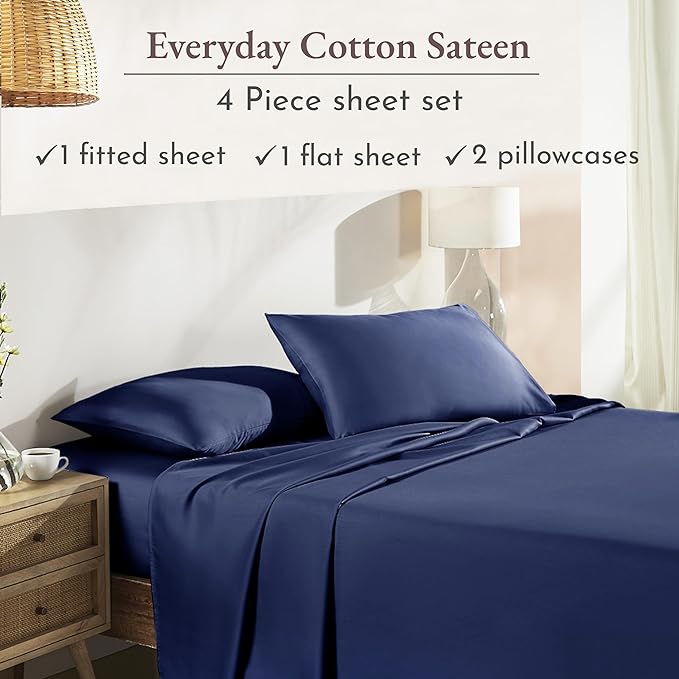 California Design Den Soft 100% Cotton Bedsheets Queen Size Bed, 4 Piece Queen Sheet Set with Sateen Weave, Cooling Sheets - Navy Blue - LeafyLoom