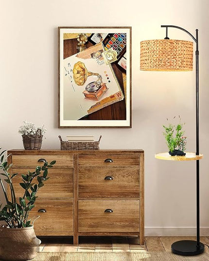 Rattan Floor Lamp for Living Room Bedroom with Table Shelves,Boho Arc Floor Lamps with Remote Dimmable Farmhouse Wood Shelf Attached Standing Lamp Wicker Bamboo Tall Lamp Floor Light Bohemian - LeafyLoom