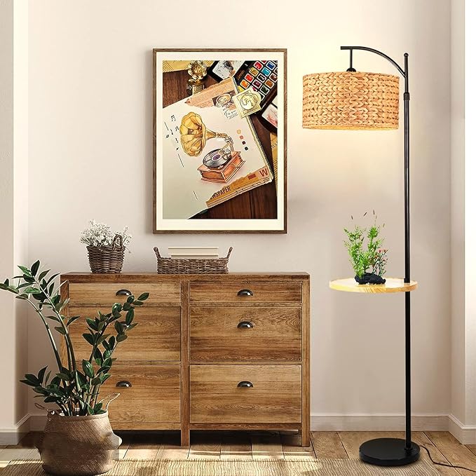 Rattan Floor Lamp for Living Room Bedroom with Table Shelves,Boho Arc Floor Lamps with Remote Dimmable Farmhouse Wood Shelf Attached Standing Lamp Wicker Bamboo Tall Lamp Floor Light Bohemian - LeafyLoom