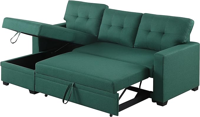 82" L-Shape Reversible Sleeper Sectional Sofa with pull out bed and Storage Chaise,Linen Tufted Upholstery Corner Couch for Living Room, Apartment,Office,Home Furniture Sets,Green - LeafyLoom