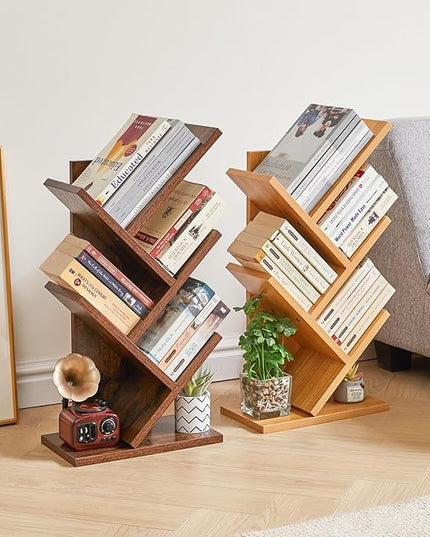 YMYNY 4 Tier Tree Bookshelf, Small Bookcase, Modern Wood Book Storage Rack, Freestanding Book shelf for Books/Movies/CDs, Narrow Display Rack for Living Room, Home Office, Natural UHBC014N - LeafyLoom