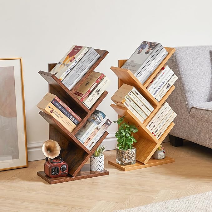 YMYNY 4 Tier Tree Bookshelf, Small Bookcase, Modern Wood Book Storage Rack, Freestanding Book shelf for Books/Movies/CDs, Narrow Display Rack for Living Room, Home Office, Natural UHBC014N - LeafyLoom